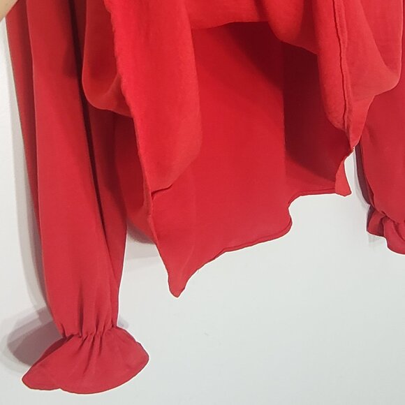 BLOUSOLOGY Women's Red Long-Sleeve VNeck Ruffled Collar Tied Cuffs Blouse Size L - Picture 6 of 12